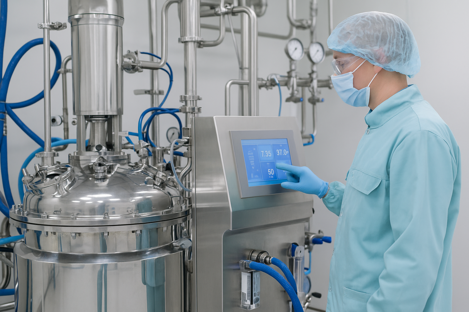 Scientist operating a bioreactor control system in a GMP cleanroom for AAV vector manufacturing
