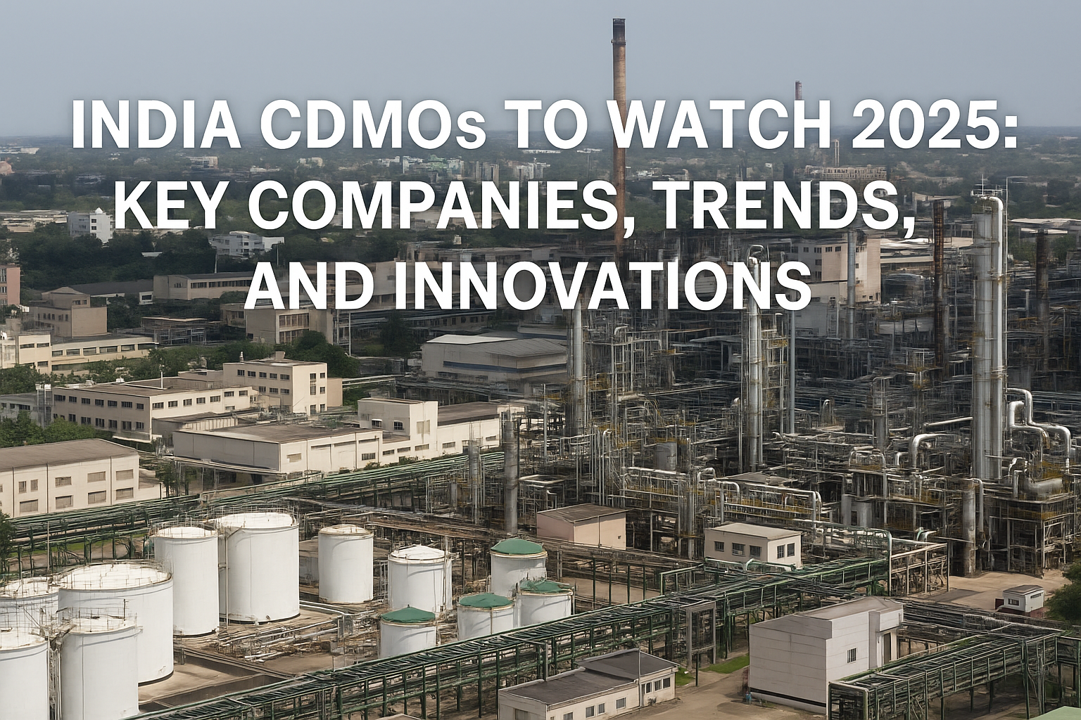 Aerial view of a large pharmaceutical and chemical manufacturing facility in India, highlighting industrial infrastructure and production capacity for CDMOs in 2025.