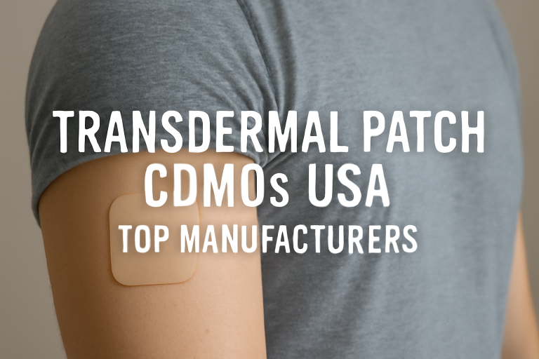 Close-up of a light-skinned arm wearing a beige transdermal patch, with text "TRANSDERMAL PATCH CDMOs USA" and "TOP MANUFACTURERS."