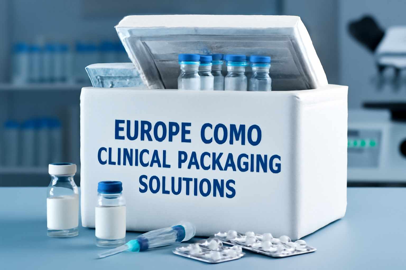 Europe CDMO clinical packaging solutions with vials, syringes, and blister packs in a laboratory setting.