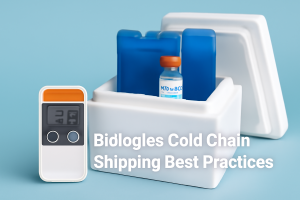 A cold chain shipping container with gel packs and a glass vial, accompanied by a temperature logger, highlighting best practices for transporting biologics.