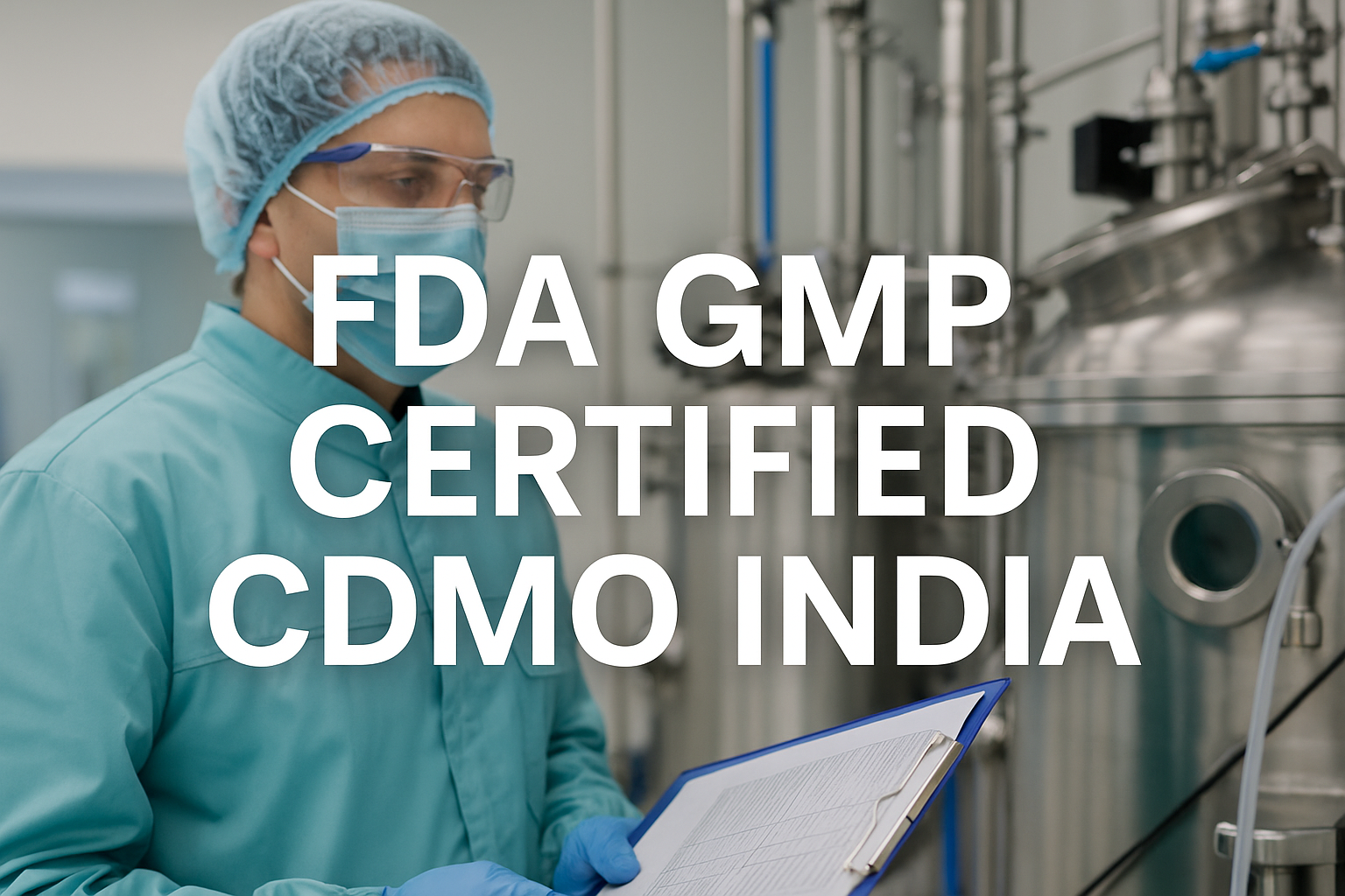 Scientist in protective gear inspecting pharmaceutical equipment in an FDA GMP certified CDMO India facility.