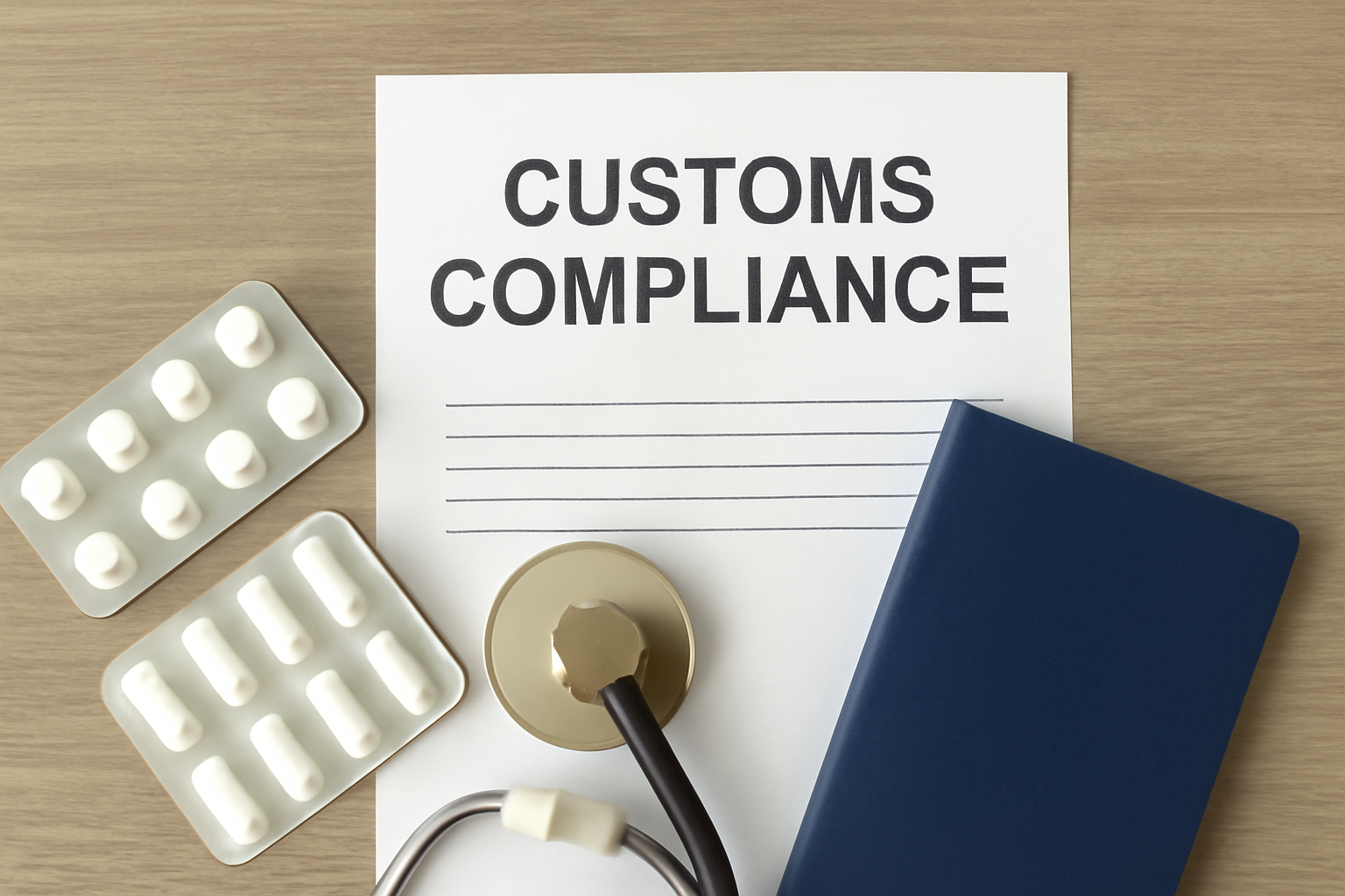 Pharma Customs Compliance Case Study #75: A professional layout of compliance documents, tablets, and a passport for the pharmaceutical industry.