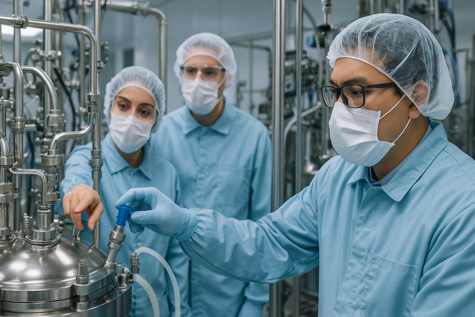 Three scientists in blue cleanroom gowns, masks, and hairnets operate a stainless steel bioreactor inside a sterile cell and gene therapy manufacturing facility.