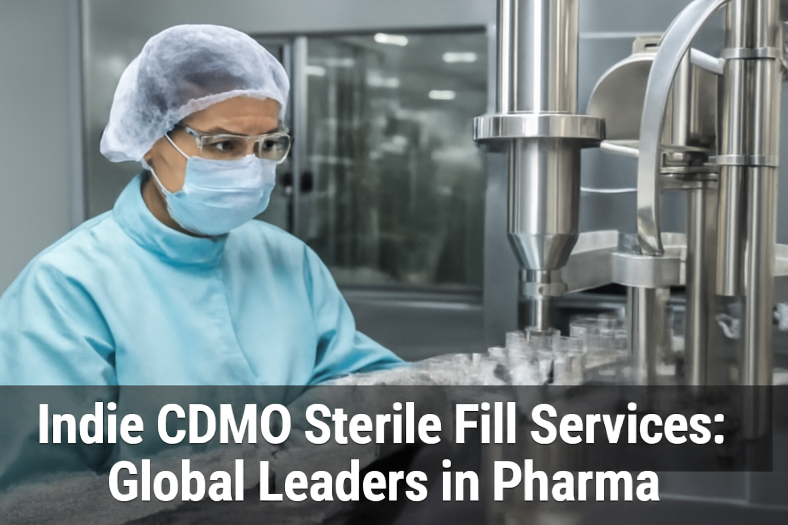 South Asian female scientist in PPE operating an automated machine for sterile filling in a pharmaceutical cleanroom.