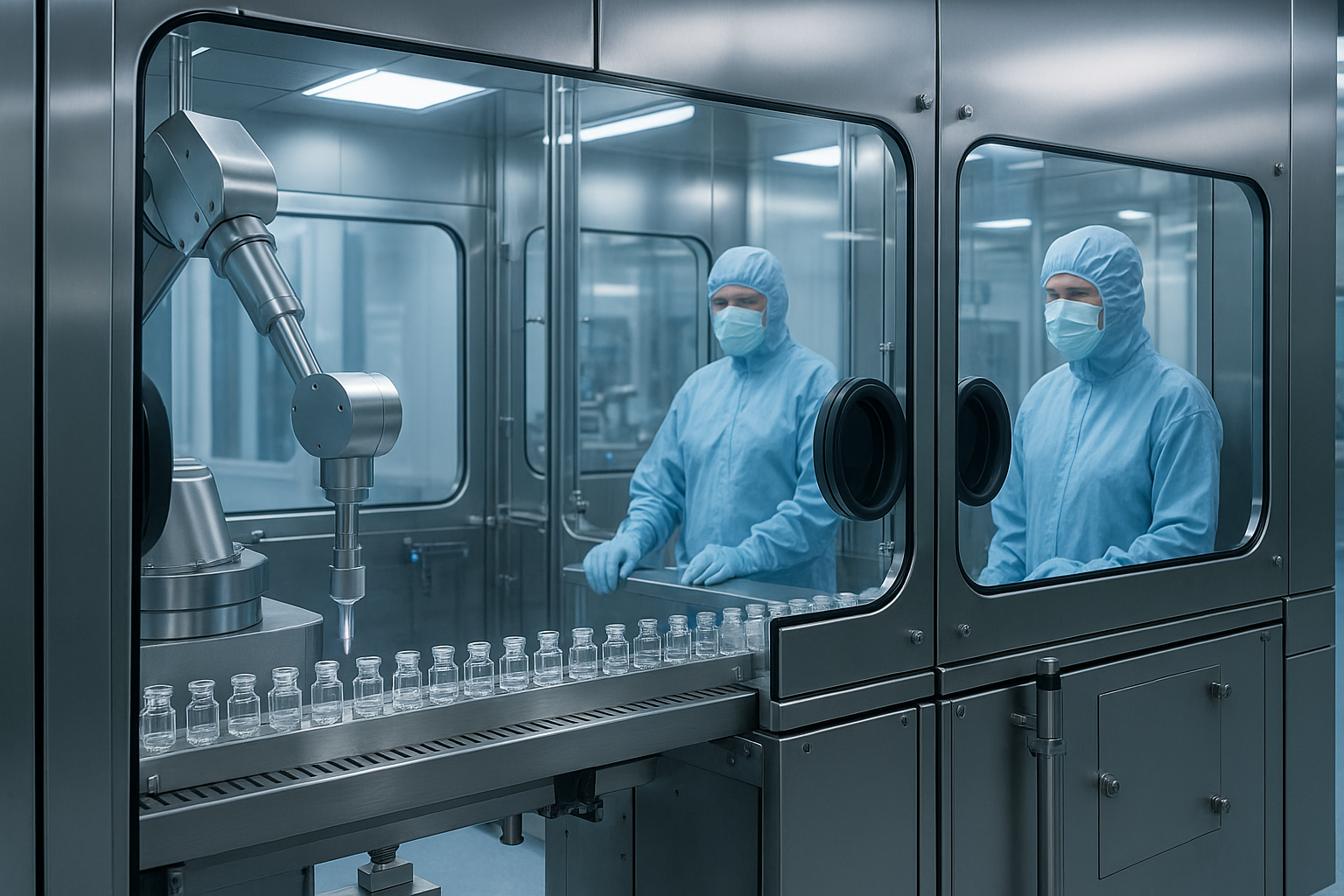 Sterile fill CDMO cytotoxic drugs cleanroom with robotic arm filling vials inside isolators while operators in full cleanroom suits observe, ensuring safe, aseptic, and compliant drug production.