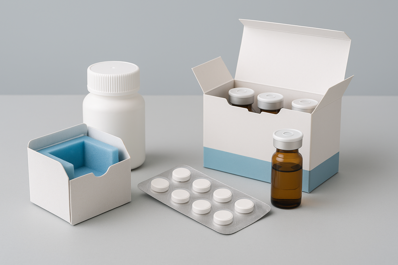 Pharmaceutical packaging with pill bottle, blister pack, vials, and insulated container for Europe CDMO clinical trials.