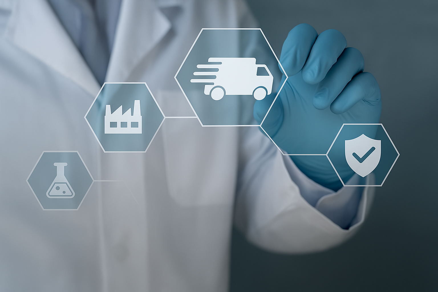 Scientist with logistics and supply chain icons showing biologics CDMO strategies for resilience and global drug delivery.