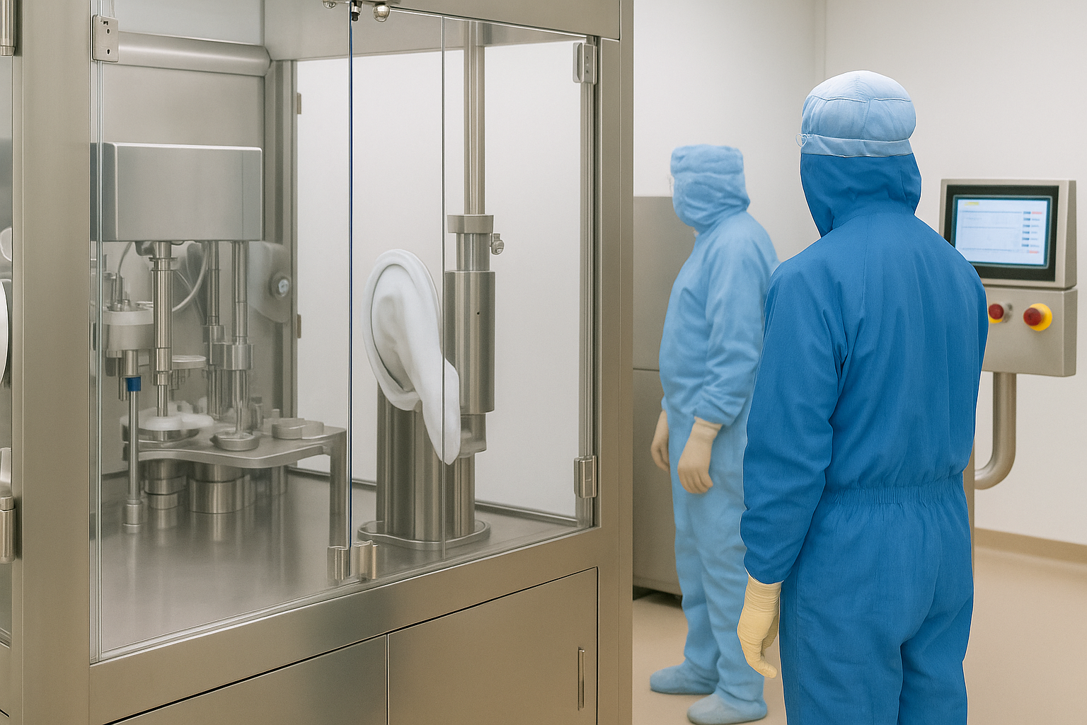 Technicians in sterile attire operating aseptic filling equipment in a cleanroom at an India CDMO facility.