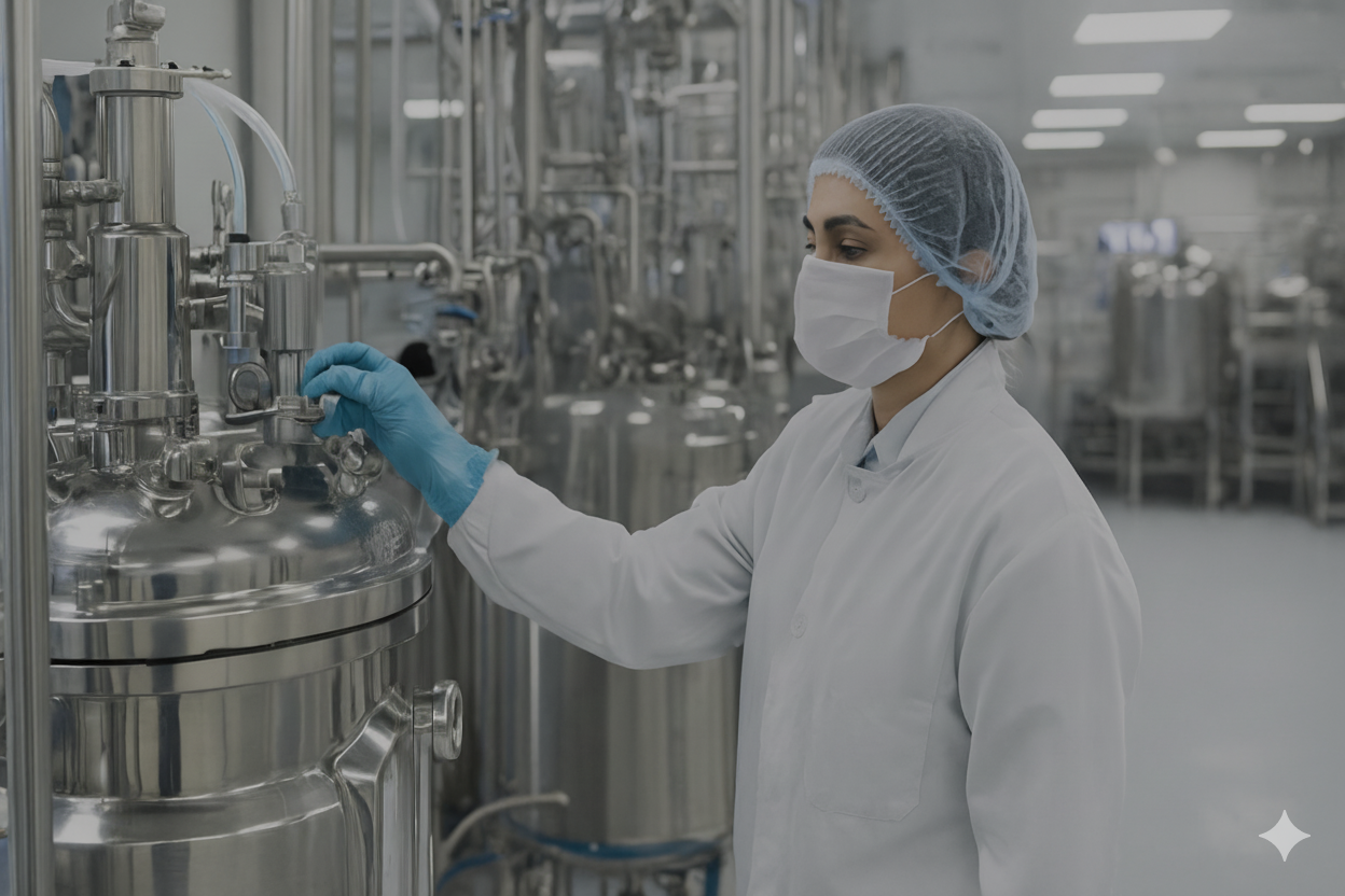 Indian scientist in PPE working with stainless steel bioreactor equipment inside a modern biologics CDMO manufacturing plant.