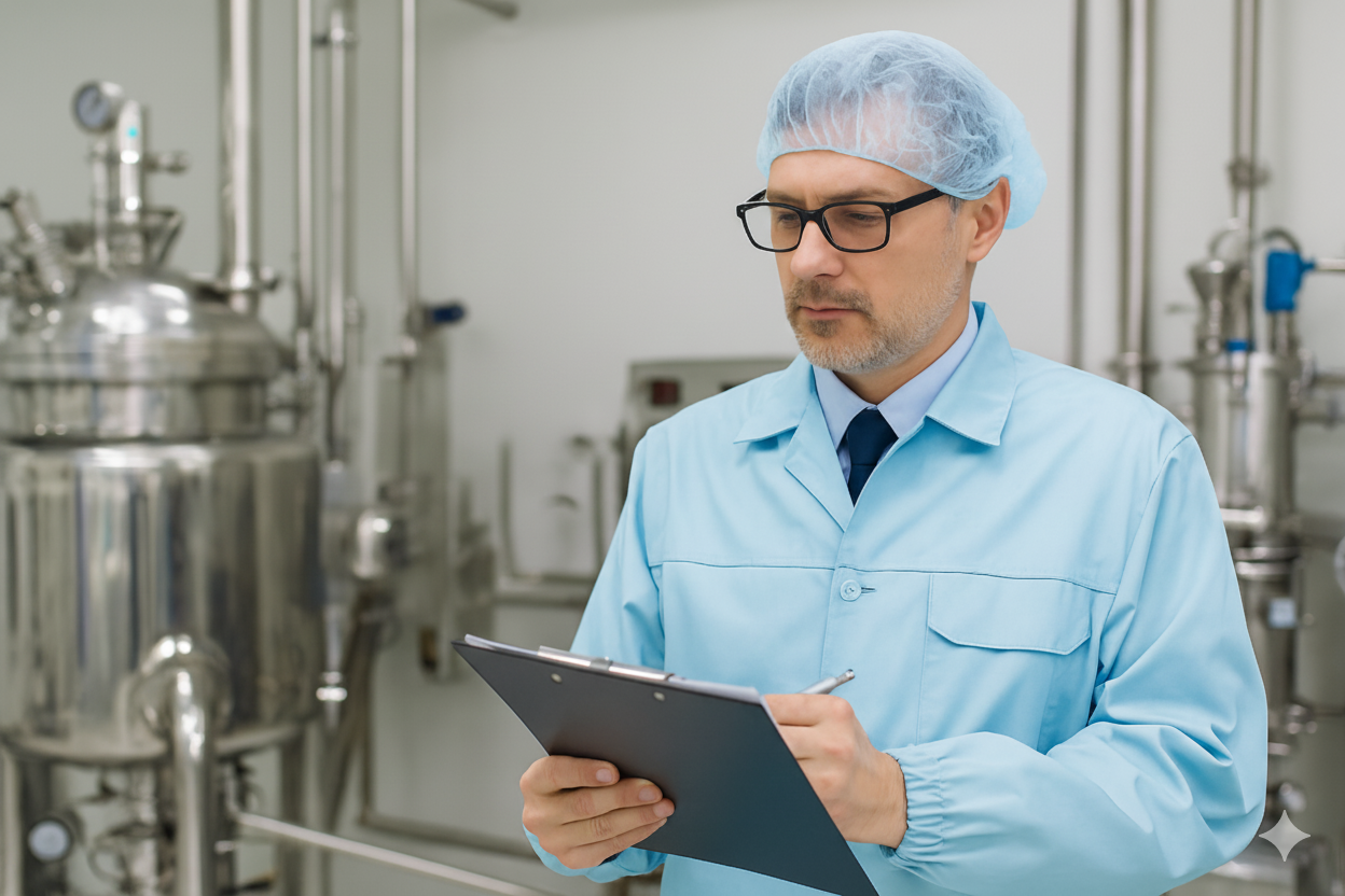 Pharmaceutical professional in a cleanroom reviewing documents with FDA emblem overlay, symbolizing inspection readiness.