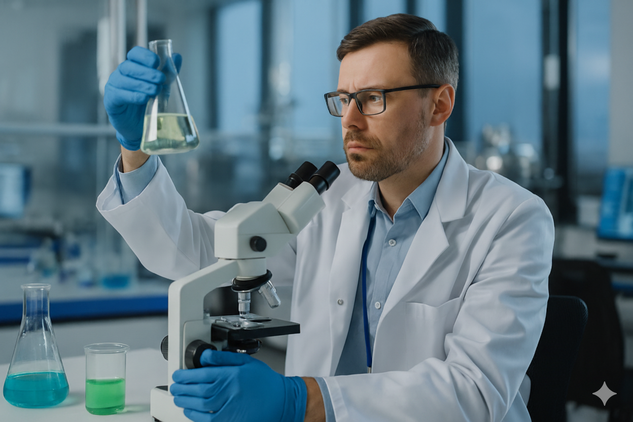 Scientist in lab coat and gloves examining liquid in a flask beside a microscope in a European pharmaceutical laboratory, symbolizing small molecule CDMO Europe innovation.