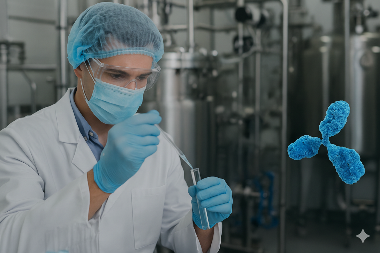 Scientist in protective gear working in a biologics laboratory with text overlay “Large Molecule Biologics CDMO Europe.