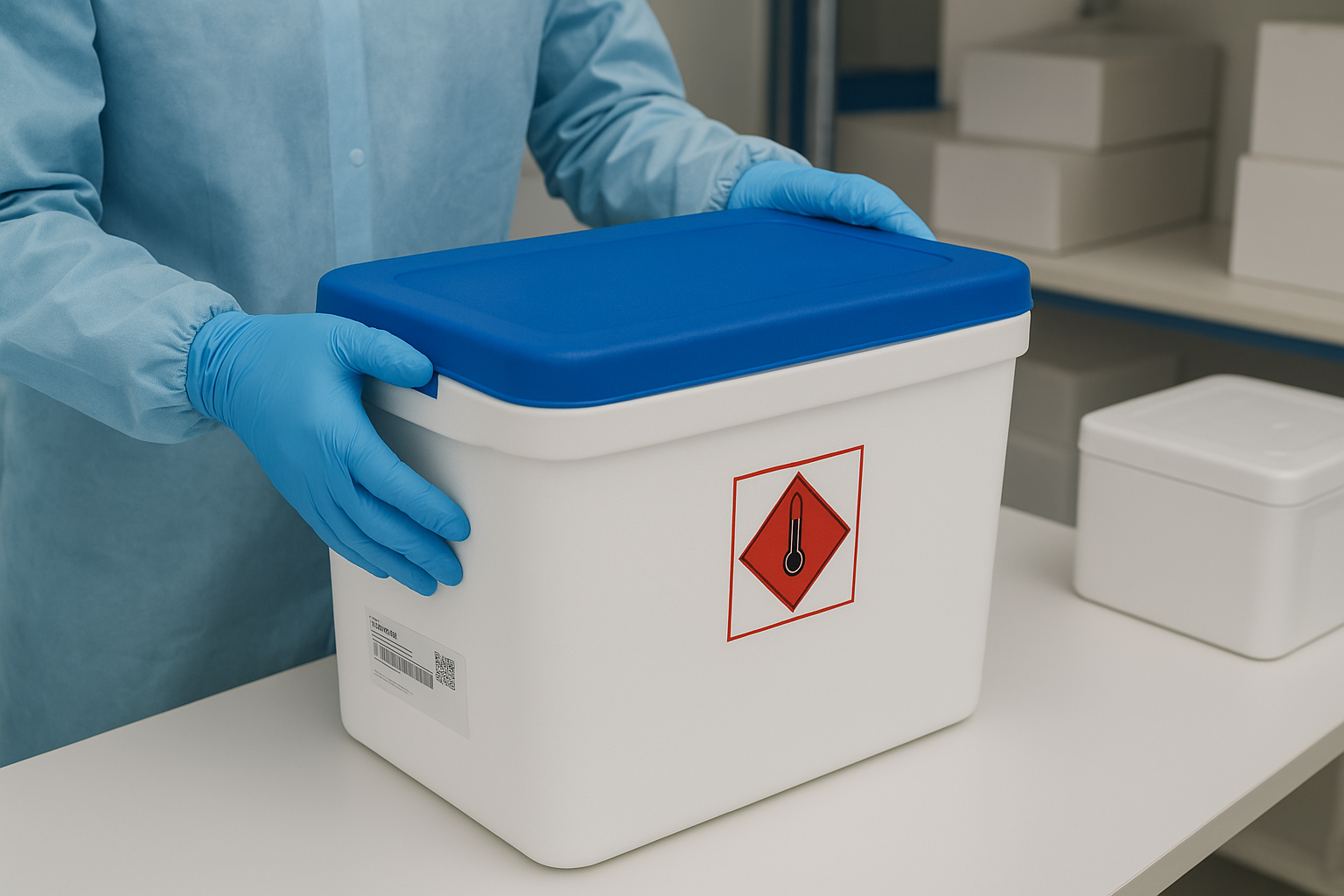 Pharmaceutical CDMO employee in protective gear handling a temperature-controlled cold chain shipping container.