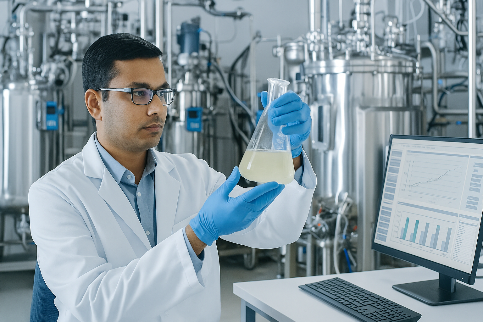 Indian scientist in a biopharma lab analyzing a biologic solution with bioreactors and digital screens in the background, symbolizing India’s CDMO role in large molecule biologics manufacturing.