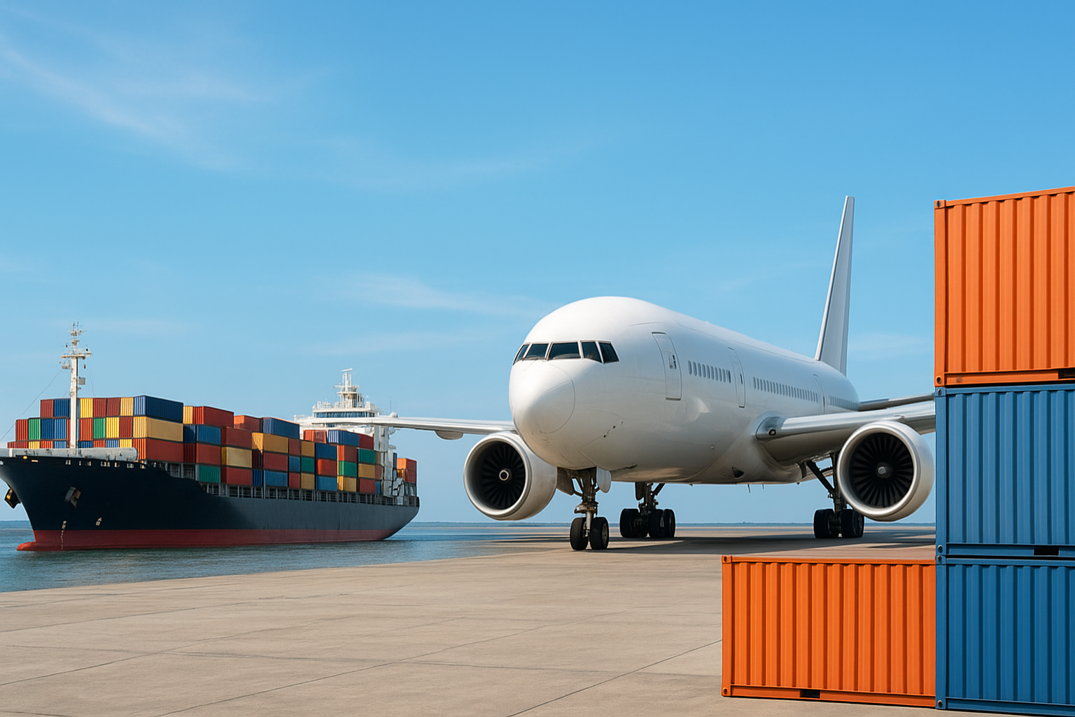 Cargo ship with colorful containers and a commercial airplane on the tarmac, representing CDMO shipping pharmaceuticals worldwide through global logistics and distribution.