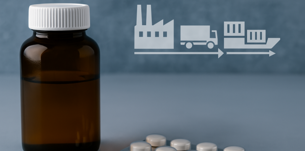 Amber pill bottle and tablets with supply chain icons and text highlighting CDMO partnerships in mitigating pharmaceutical supply chain risk.