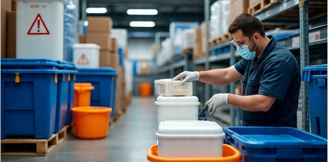 A masked and gloved technician working in a warehouse with color-coded biohazard containers, organizing cytotoxic drug packaging under strict safety and handling protocols.