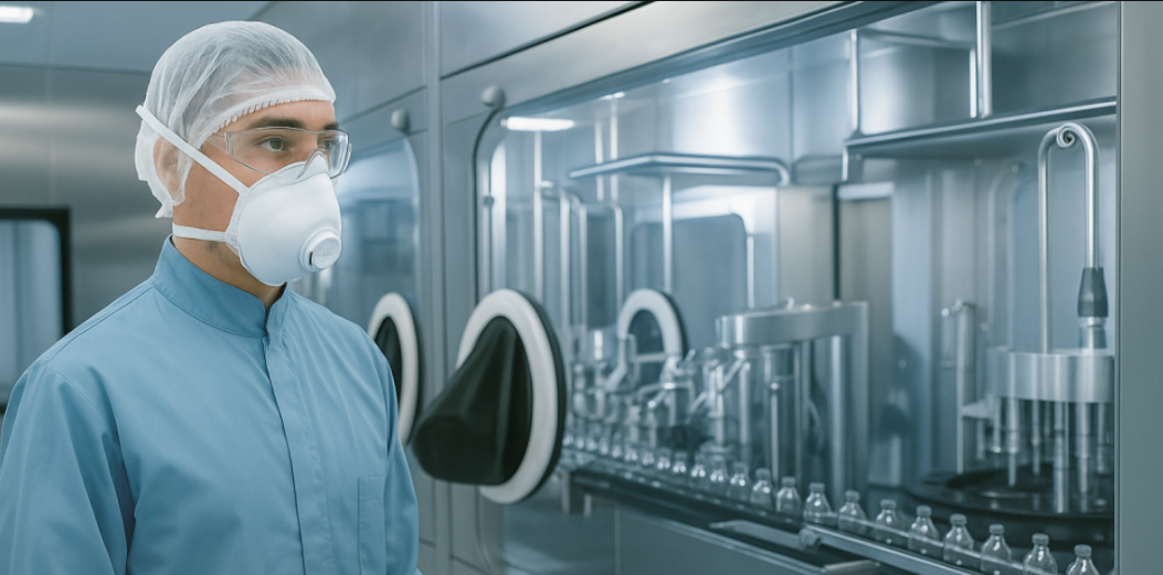 Lab technician in sterile gown and mask monitoring an automated biologics sterile fill production line in a European CDMO facility.