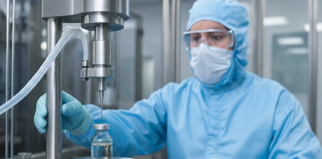 Scientist in sterile cleanroom performing CDMO sterile fill of a large molecule biologic into a glass vial using automated aseptic equipment.