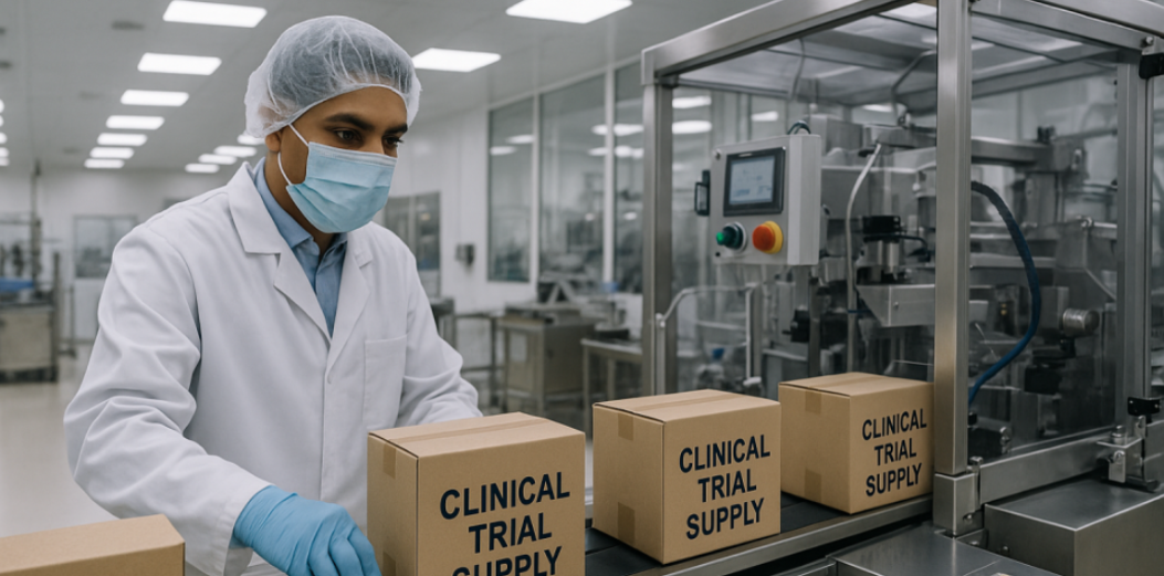 A pharmaceutical worker in protective clothing and mask handles cardboard boxes labeled “Clinical Trial Supply” on a conveyor belt inside a cleanroom with blister packs of capsules nearby.