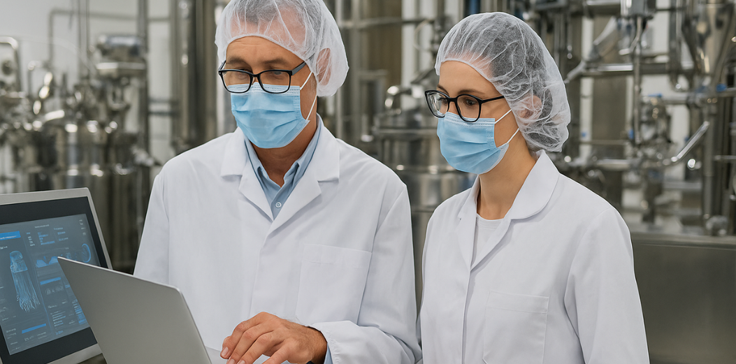 Two pharmaceutical scientists in lab coats, face masks, and hairnets reviewing data on a laptop in a cleanroom environment with stainless-steel bioprocessing equipment in the background.
