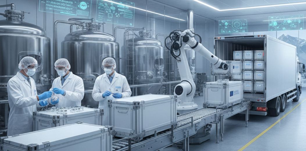 Logistics crew in lab coats supervising a forklift moving labeled biopharma shipping containers from a branded truck while customs agents review documents in a modern facility, representing secure CDMO biologics shipping.