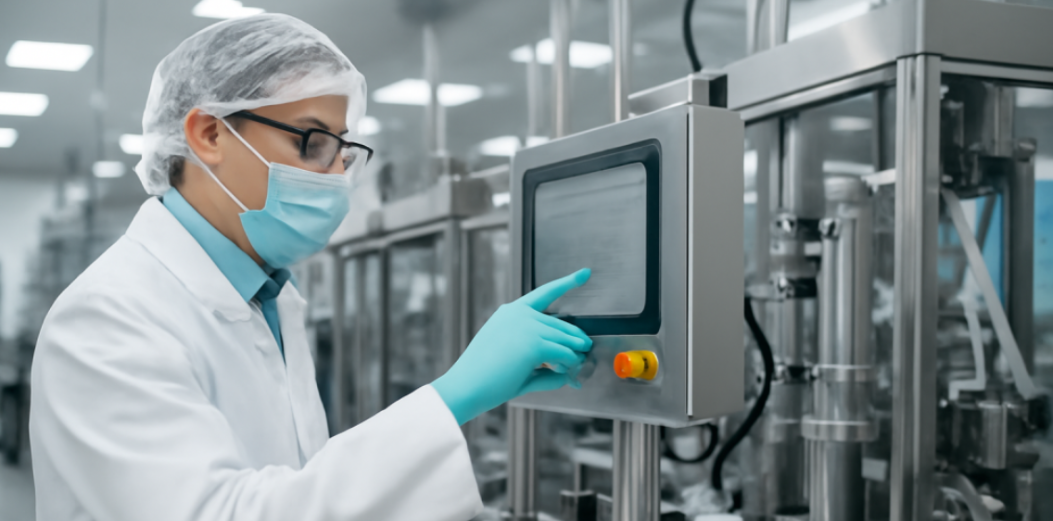 Scientist in a white lab coat and mask operating touchscreen control panel in a pharmaceutical manufacturing cleanroom.