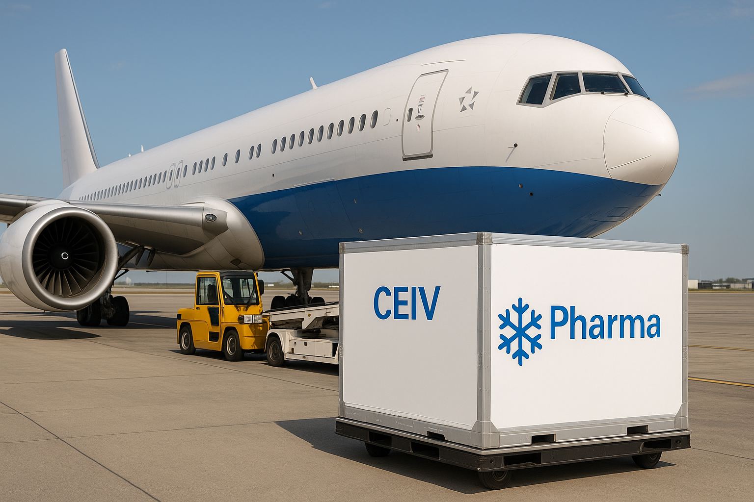 CEIV Pharma certified airlines list illustrated by an aircraft on the tarmac with temperature-controlled CEIV Pharma cargo ready for loading in 2025.