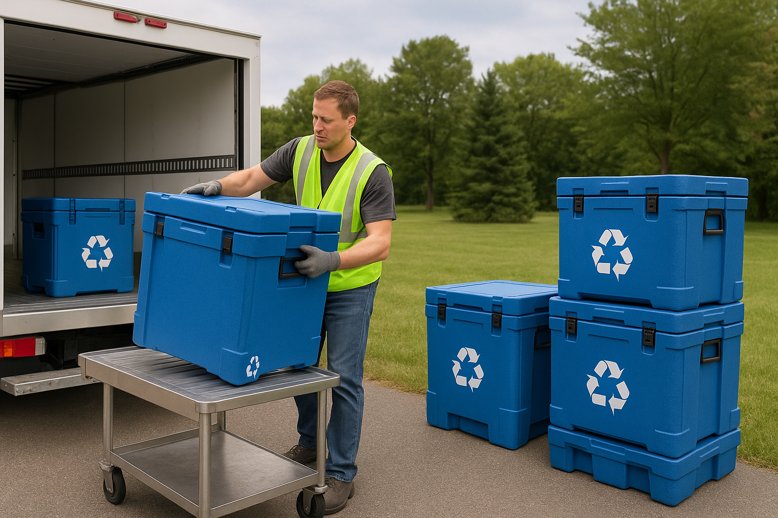 A worker loading reusable cold chain containers into a delivery truck, surrounded by blue insulated biopharma transport boxes with recycling symbols.