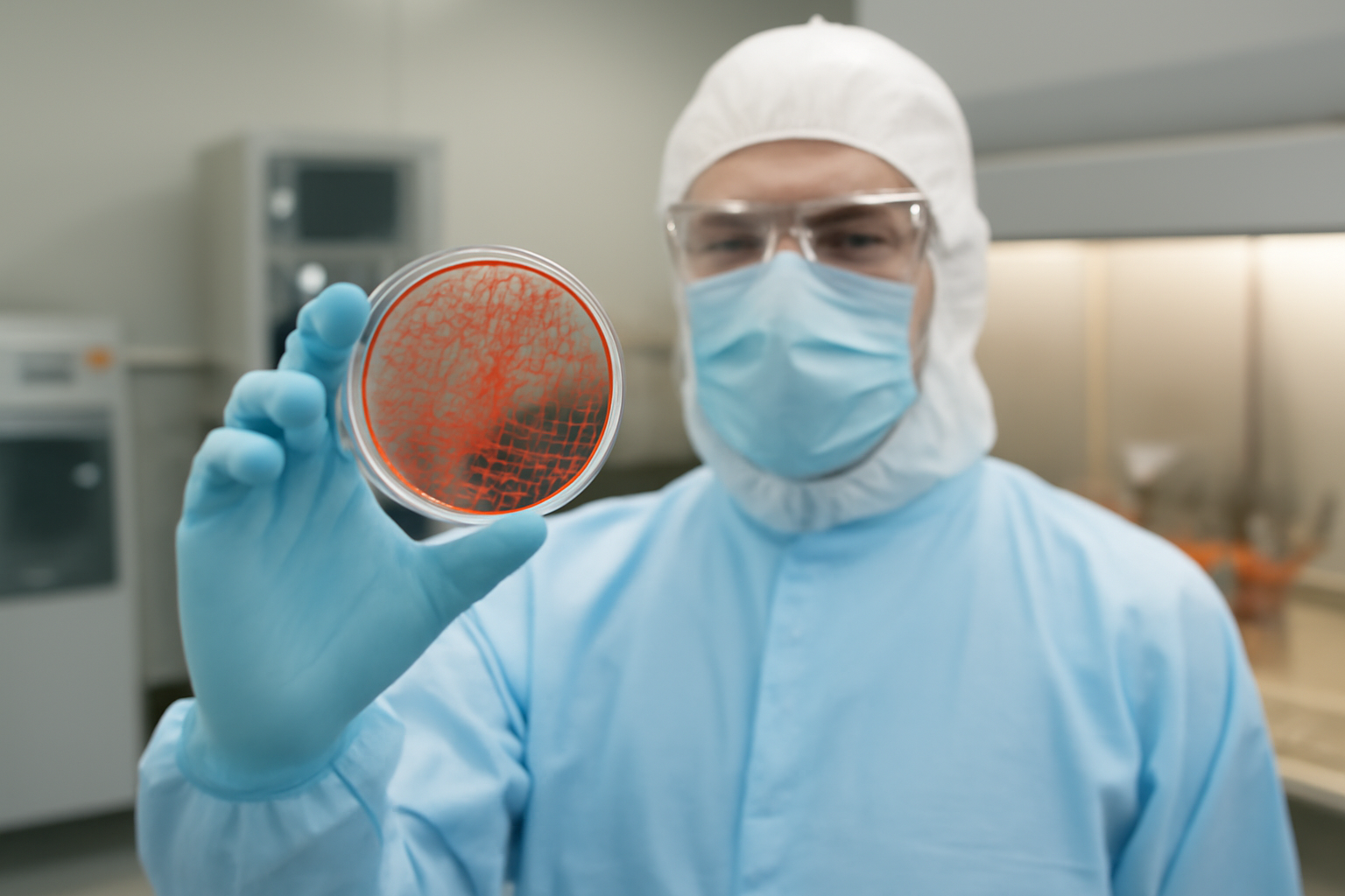 Scientist in protective gear holding a petri dish with reddish-orange cell culture in a laboratory.