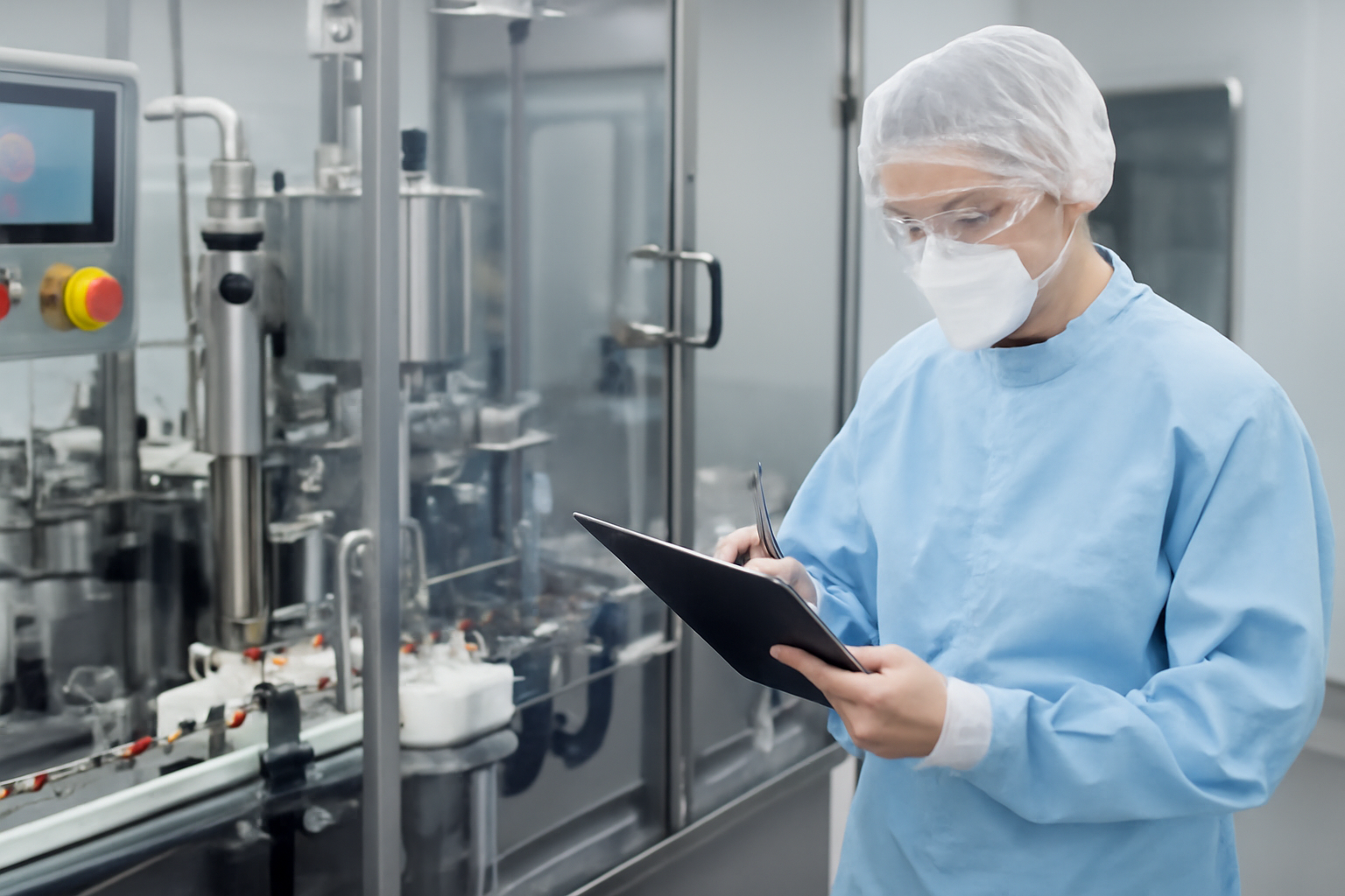 A male auditor in protective clothing inspecting aseptic services for GMP compliance in a pharmaceutical manufacturing facility.