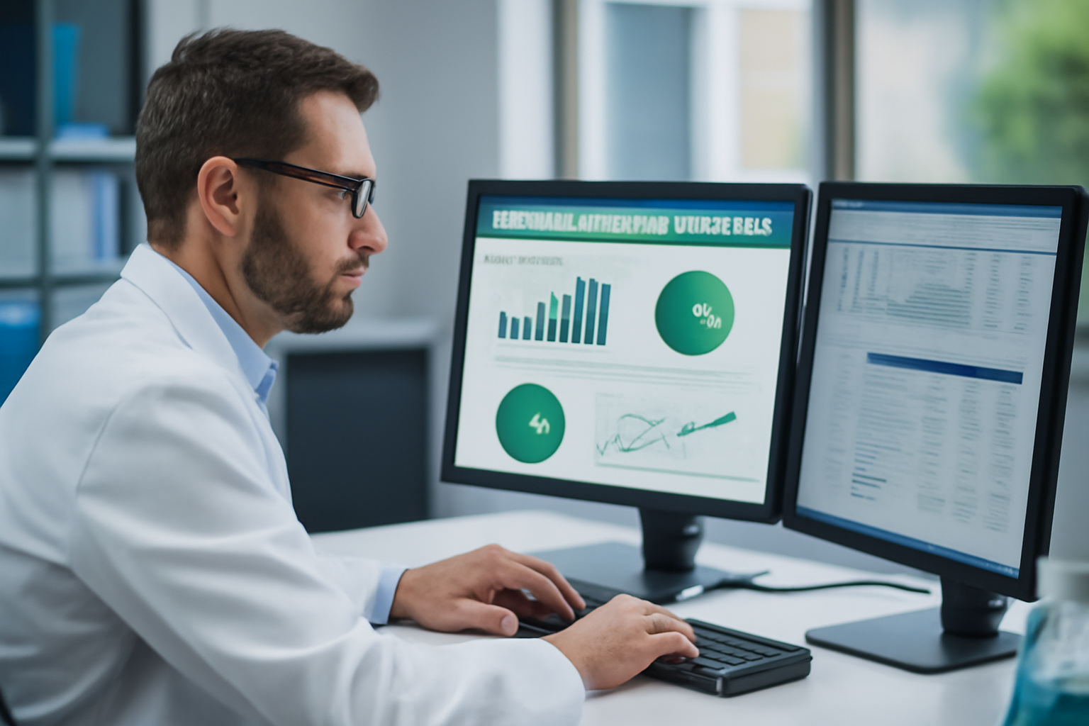 A male scientist with glasses working at a desk, analyzing digital automation data and financial spreadsheets on dual monitors.