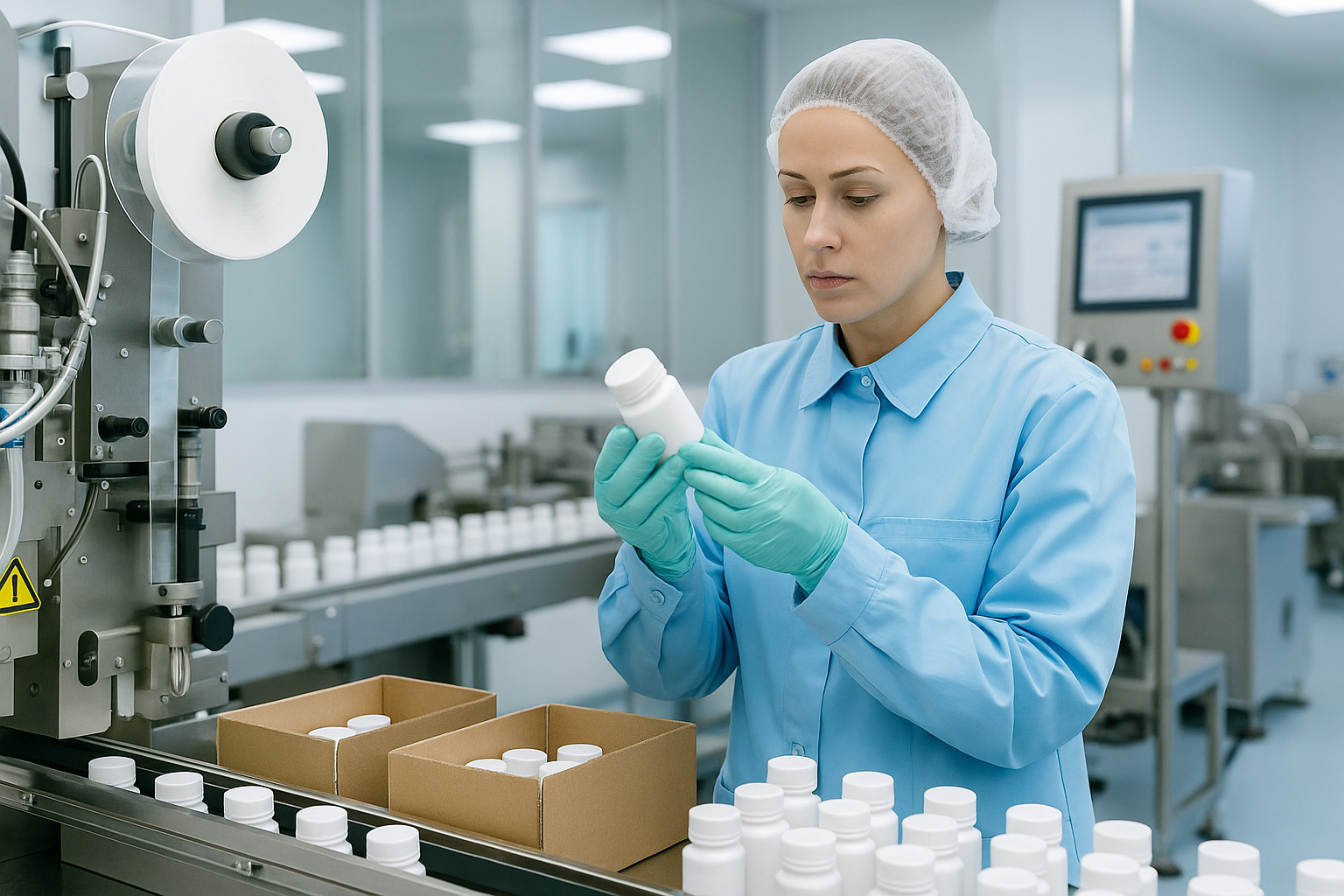 A female technician in blue protective clothing inspects a white medicine bottle on a pharmaceutical packaging line equipped with labeling machinery and conveyor belts.