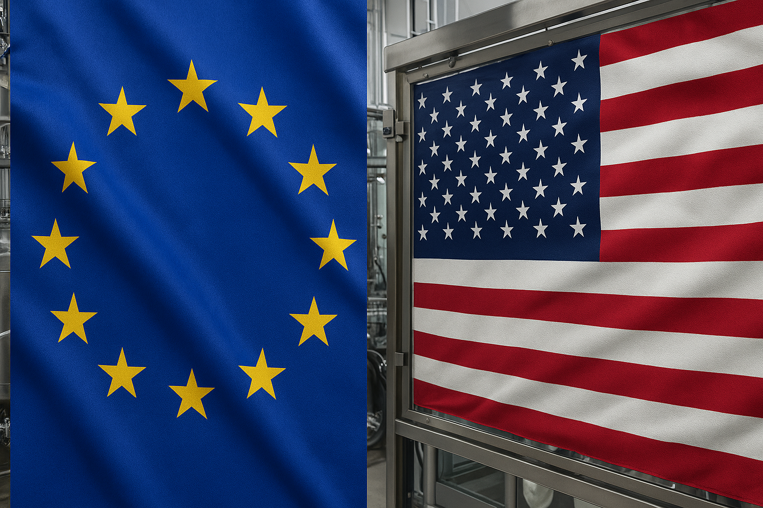 European Union and United States flags displayed side by side over modern sterile pharmaceutical manufacturing facilities, symbolizing regional CDMO hubs comparison between Europe and the US.
