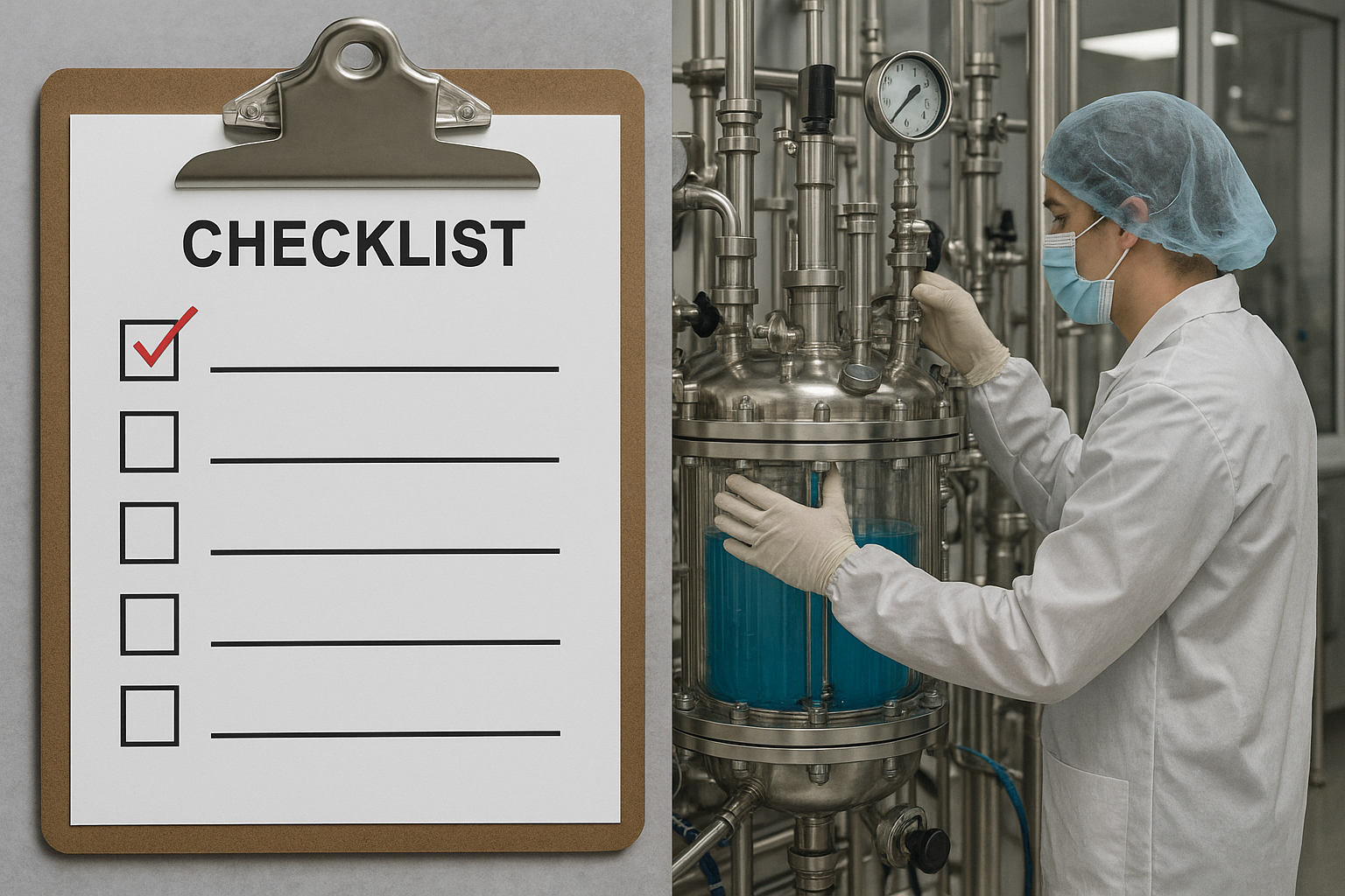 A scientist in a cleanroom operates a stainless steel bioreactor while a clipboard checklist is displayed on the left, representing the CDMO vendor onboarding process in biotech manufacturing.