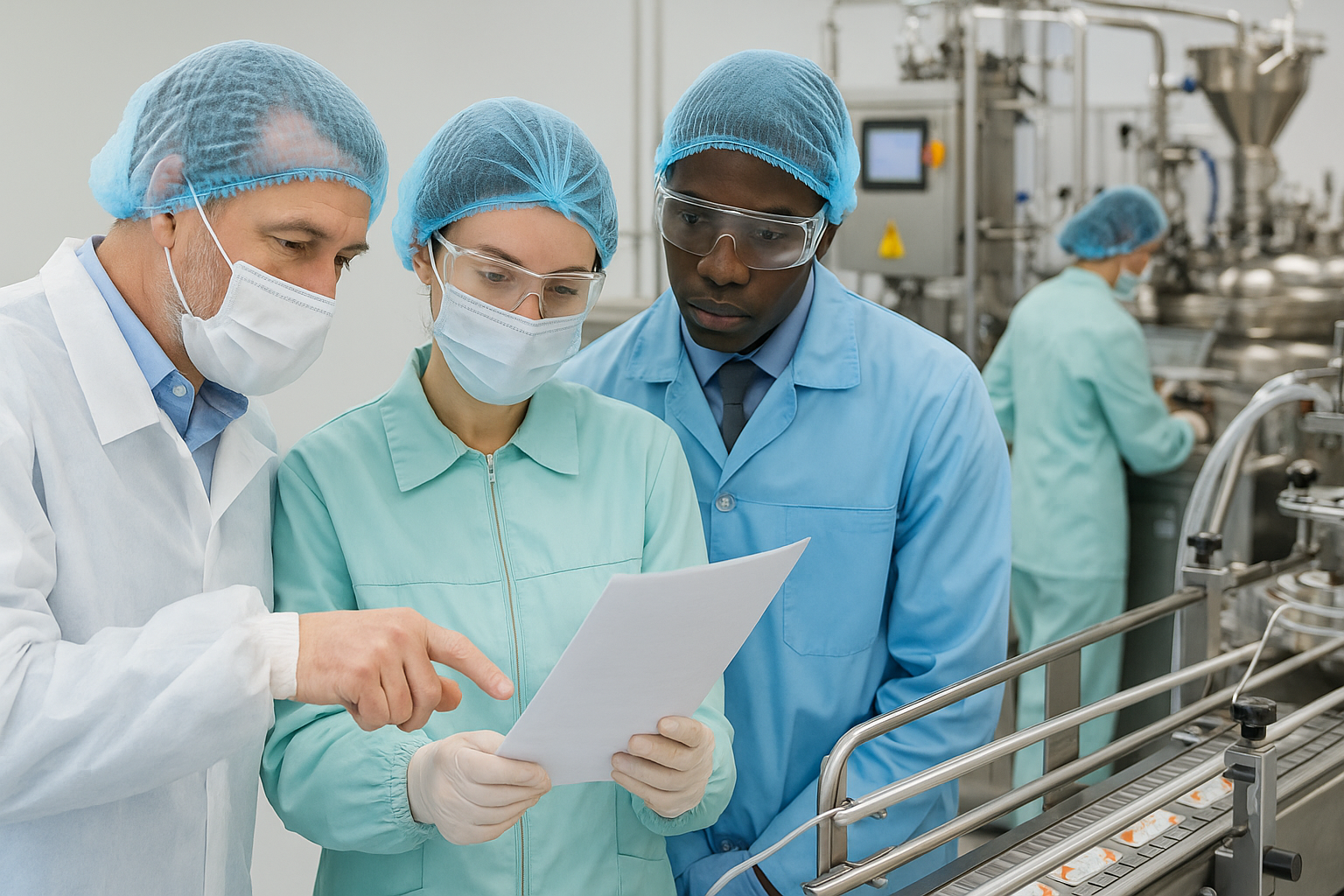 Three pharmaceutical professionals wearing lab coats, masks, and hair nets review a document together in a clean, modern CDMO facility surrounded by stainless steel manufacturing equipment.