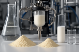 Laboratory setup for spray-dry dispersion formulation development in CDMO small-molecule services, showcasing powder mounds, liquid containers, and spray-drying equipment.