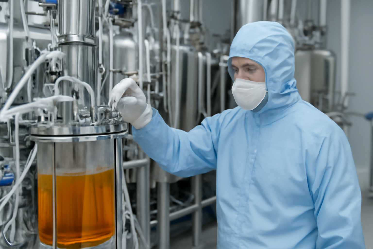 A laboratory technician in a cleanroom gown adjusting a bioreactor with orange liquid, symbolizing viral vector manufacturing in a biopharmaceutical facility.