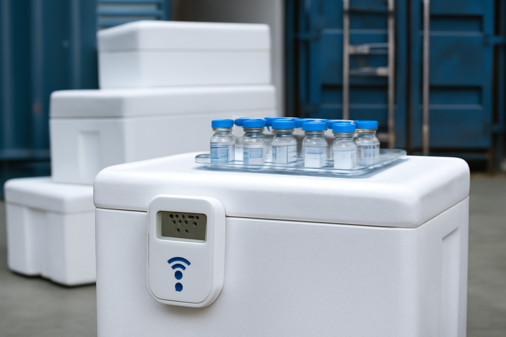 Pharmaceutical cold chain logistics featuring an insulated container with a digital temperature monitor displaying 4.3°C, accompanied by vials and a blue shipping container in the background.