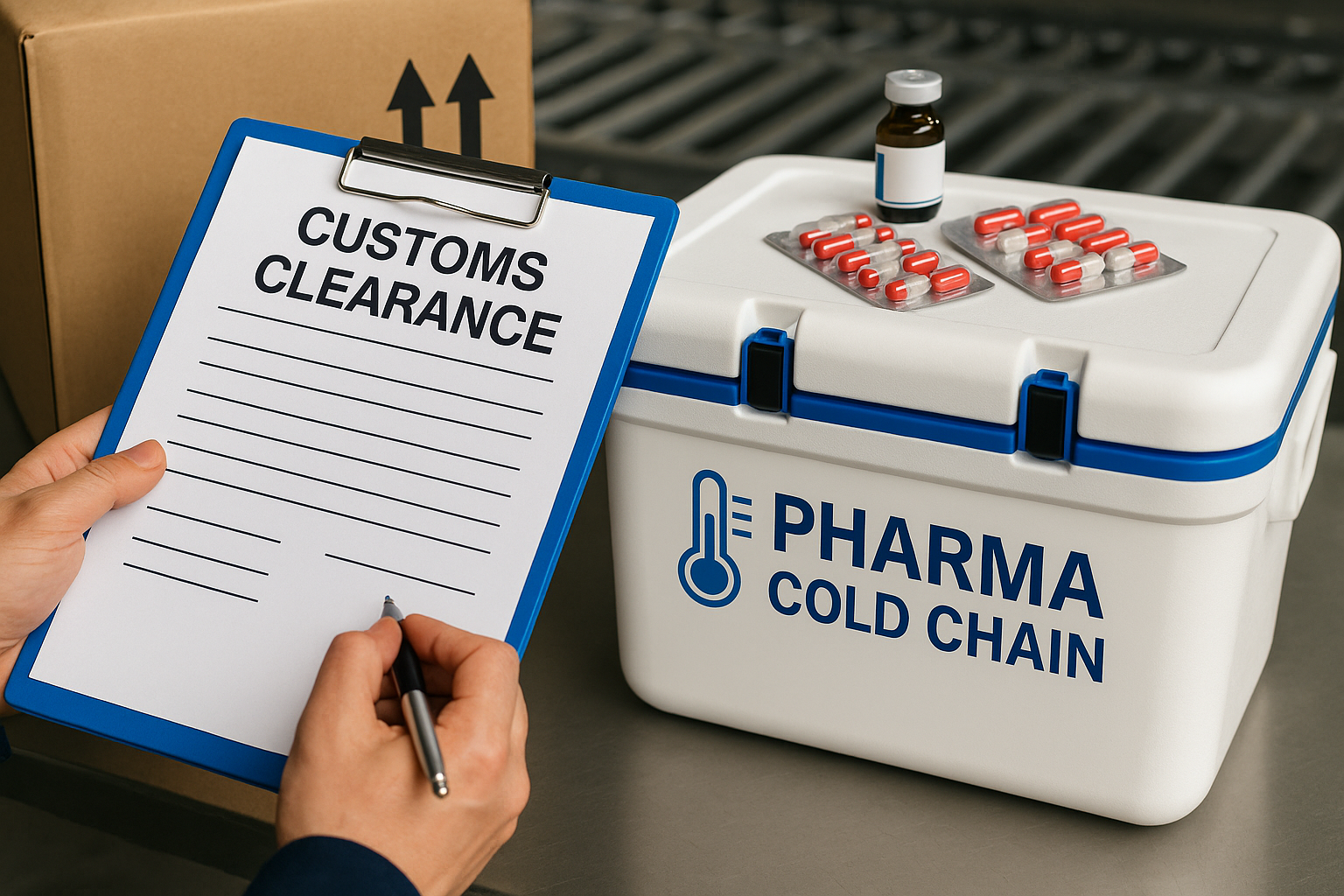 Customs officer completing customs clearance documents beside a pharma cold chain container holding temperature-sensitive medications.