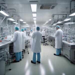 Scientists working in a pharma CDMO lab