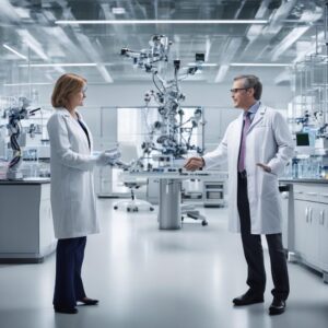 Executives shaking hands in a biotech lab