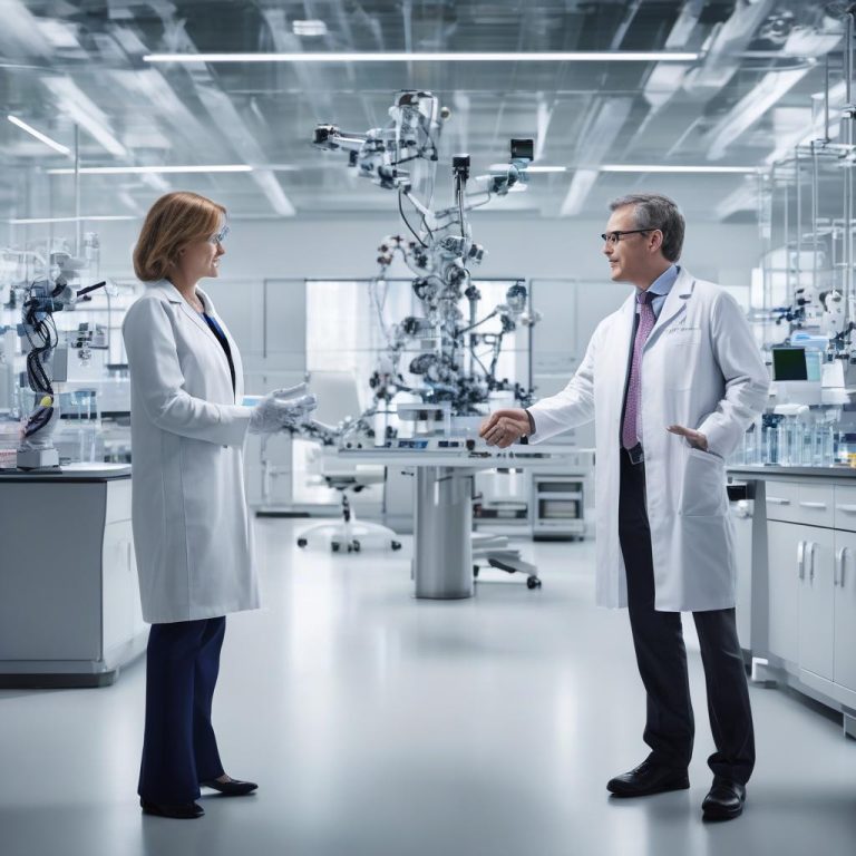 Executives shaking hands in a biotech lab