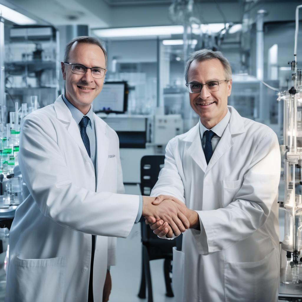 Executives and scientists shaking hands in a biotech lab