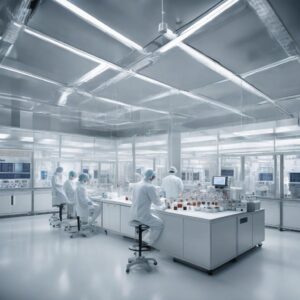 Scientists reviewing data in a biopharmaceutical manufacturing cleanroom