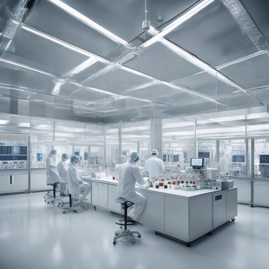 Scientists reviewing data in a biopharmaceutical manufacturing cleanroom