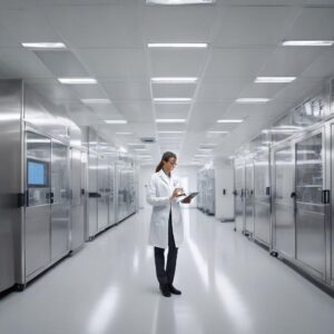 CDMO facility with team leader reviewing tablet