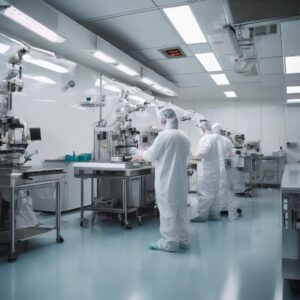 Scientists in protective gear at a sterile CDMO manufacturing line