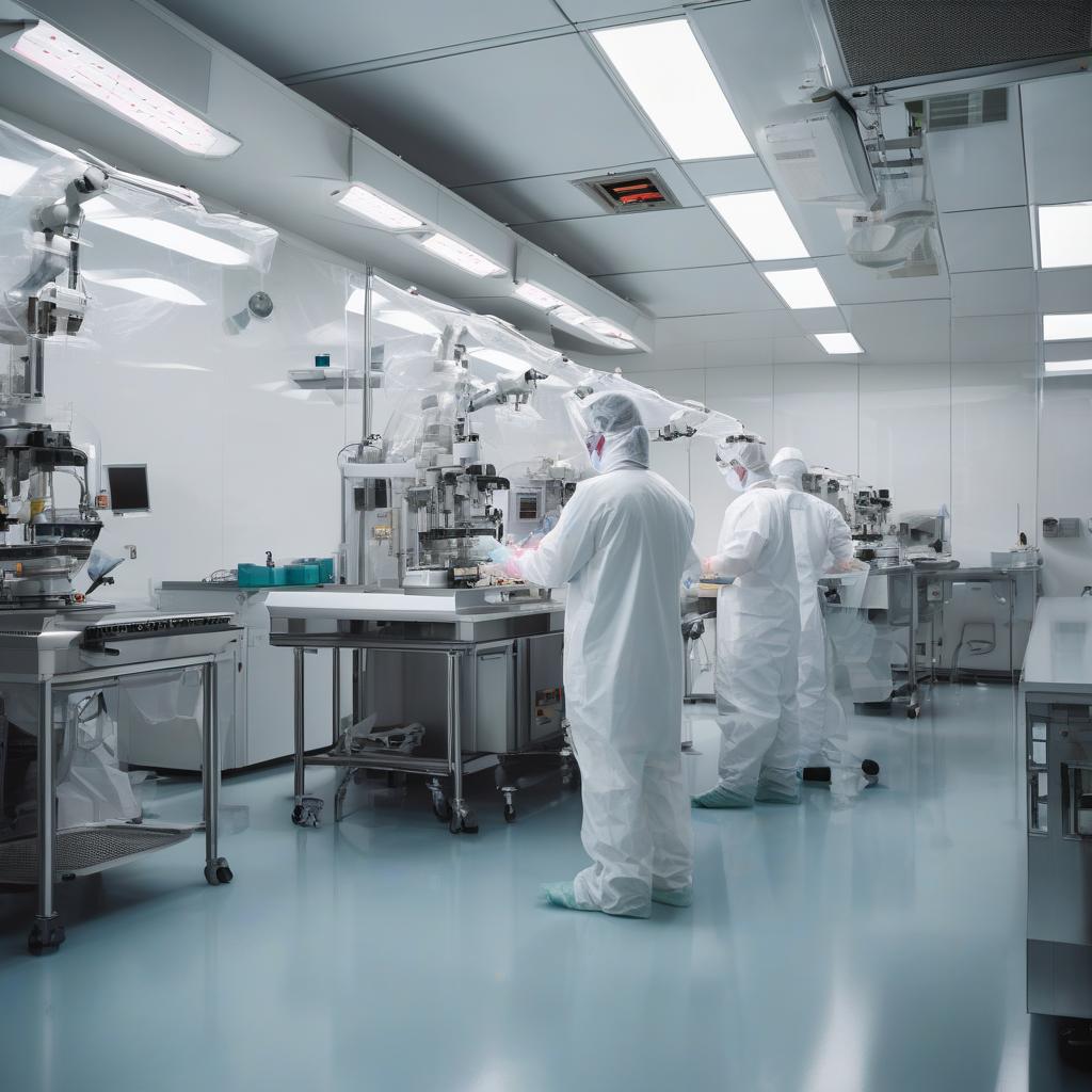 Scientists in protective gear at a sterile CDMO manufacturing line